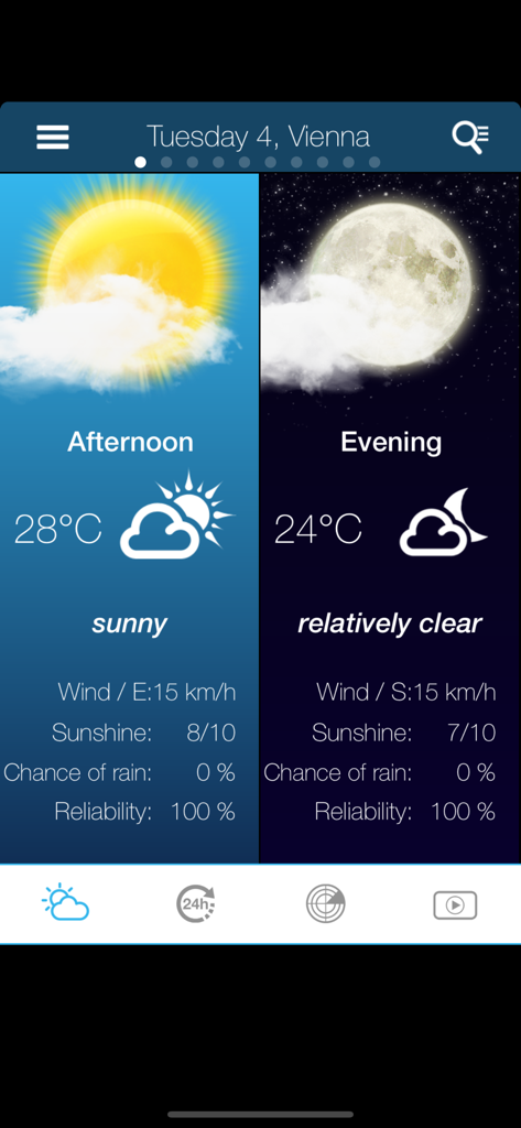 Weather for Austria - 빈의 오후 및 저녁 날씨 예보로 온도, 풍속 및 신뢰도 지표를 보여줍니다