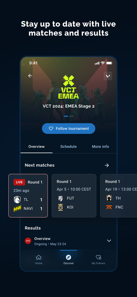 Interface de l'application Liquipedia montrant les résultats des matchs de tournois Valorant en direct et le calendrier