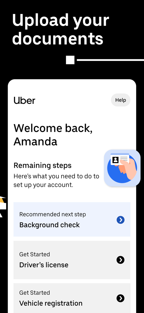Uber Driver app interface for uploading account documents and background check information