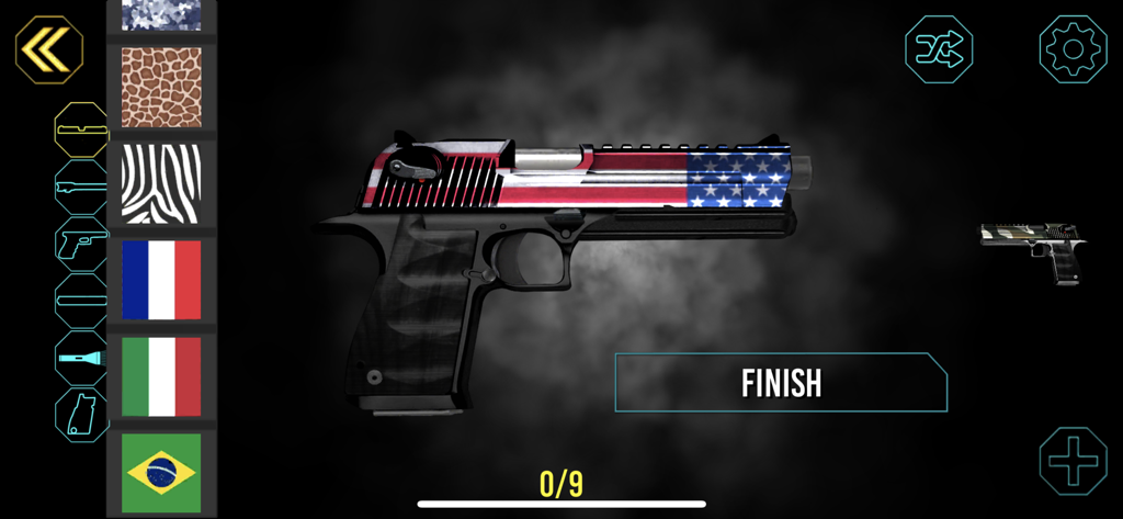 Tela de personalização de pistola no aplicativo Gun Builder apresentando um padrão de bandeira dos EUA.