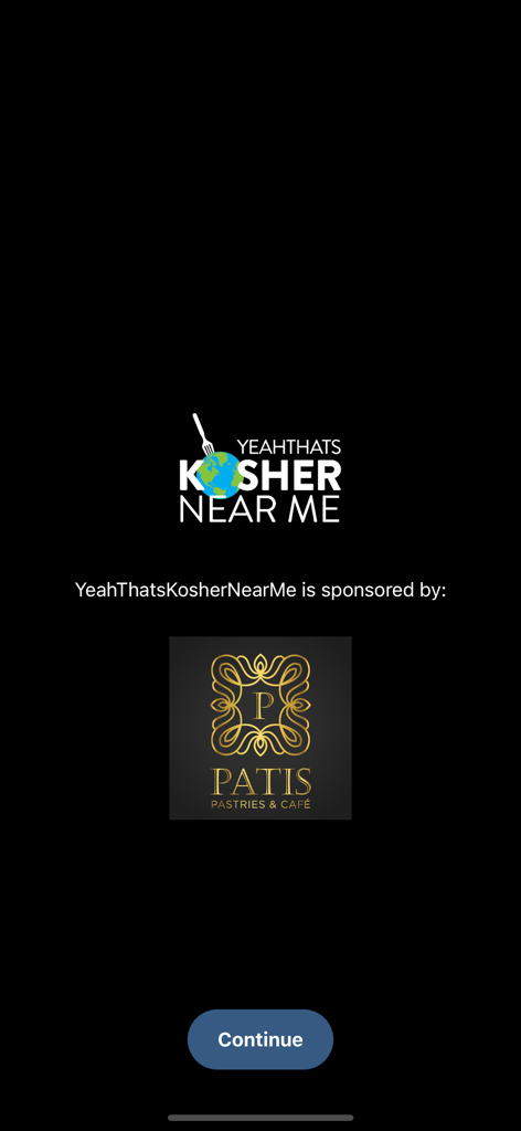 Kosher Near Me - Kosher Near Me app splash screen showing Patis Pastries and Cafe as a sponsor