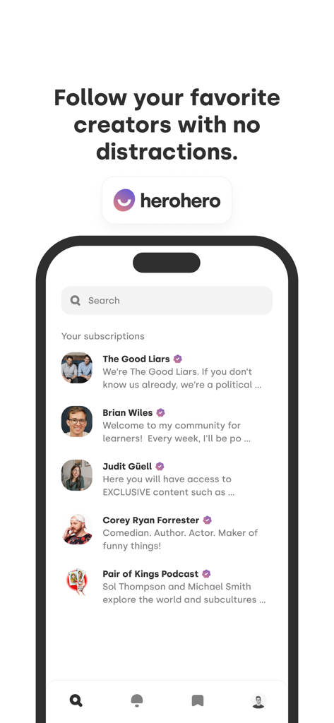 Herohero mobile app interface displaying a subscription list of content creators in a clean minimalist design.