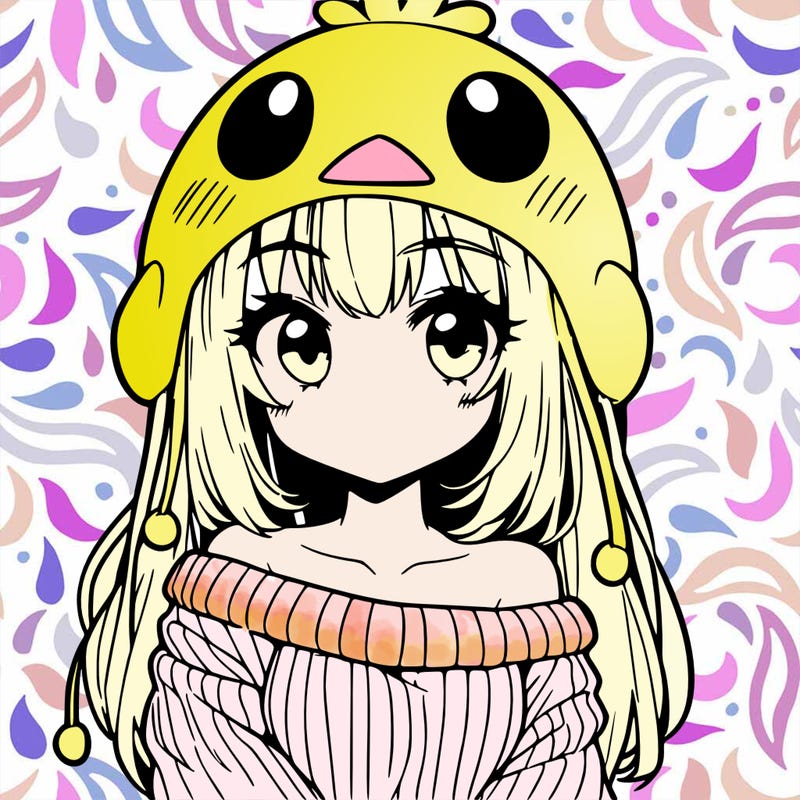 anime girl with chick shaped hat with sweater with bare shoulders with bangs covering them one eye with low tail