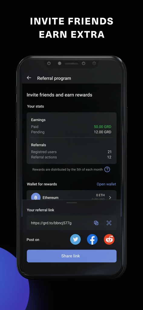 Guarda Crypto Wallet app screen showing the referral program dashboard with earnings stats and invite link options.