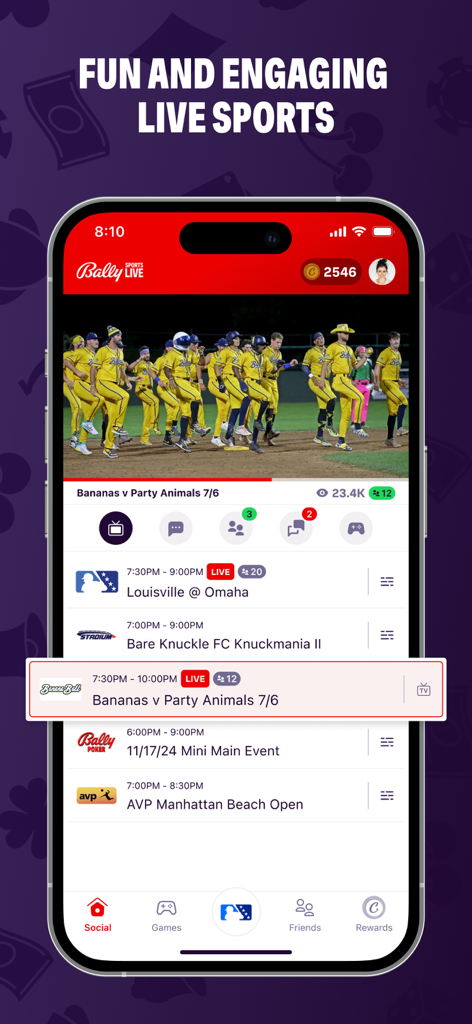 Bally Sports Live - Interface of the Bally Sports Live app showing a live Savannah Bananas game and a schedule for upcoming niche sports like MiLB and BKFC.