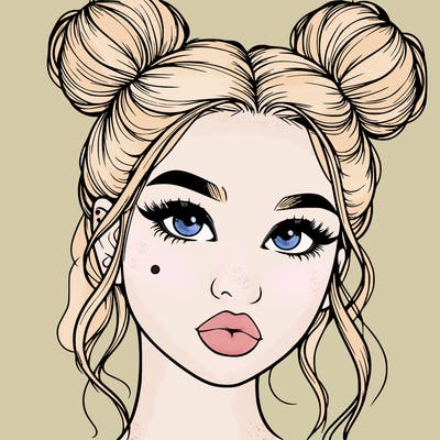 realistic girl with two buns on her hair and lips