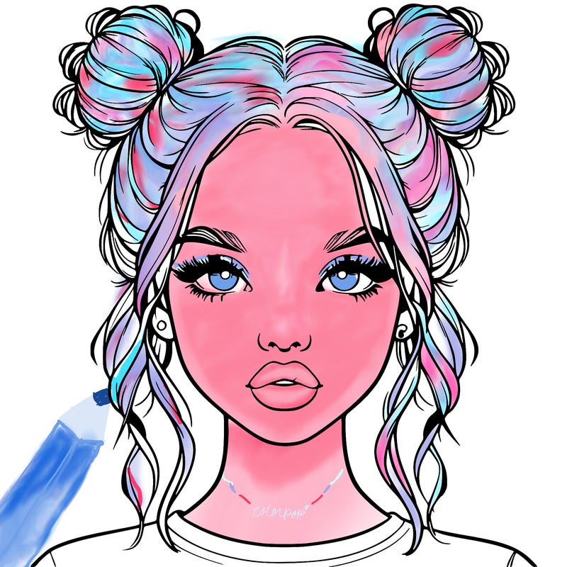 realistic girl with two buns in hair and lips