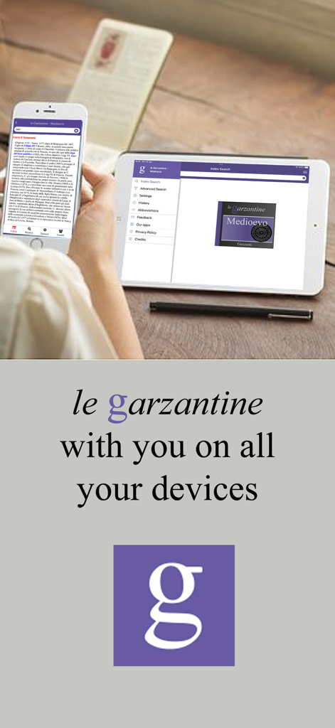 The le Garzantine Medioevo app displayed on both a smartphone and a tablet