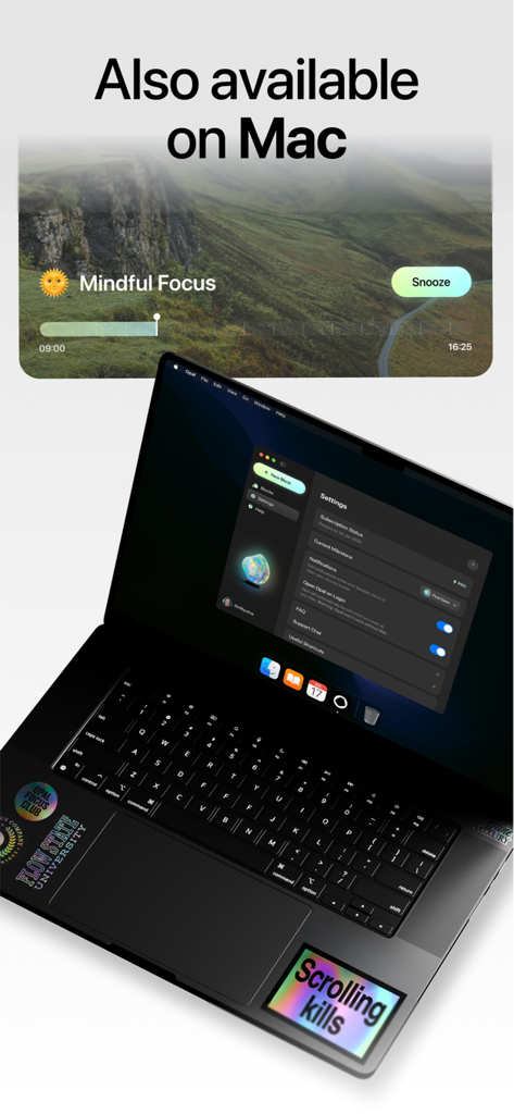 MacBook laptop displaying the Opal app interface with a scrolling kills sticker