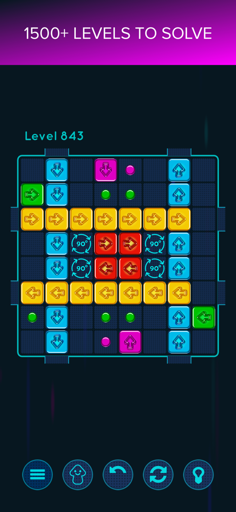 ARROW Premium puzzle game level 843 showing a grid with colorful arrow blocks and minimalist interface