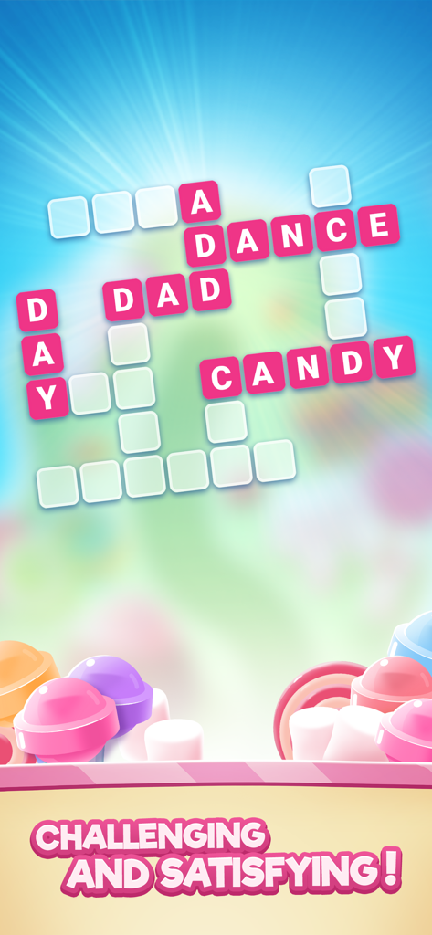 Gameplay screenshot of Word Sweets crossword game with pink letter tiles and candy-themed background