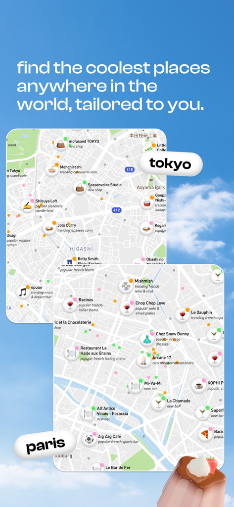 corner: curate & share places - Due mappe di Tokyo e Parigi nell'app Corner che mostrano hotspot locali curati come caffè e boutique.