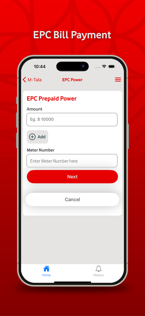 M-Tala - Interfaz de pago de facturas de EPC Prepaid Power en la aplicación móvil M-Tala