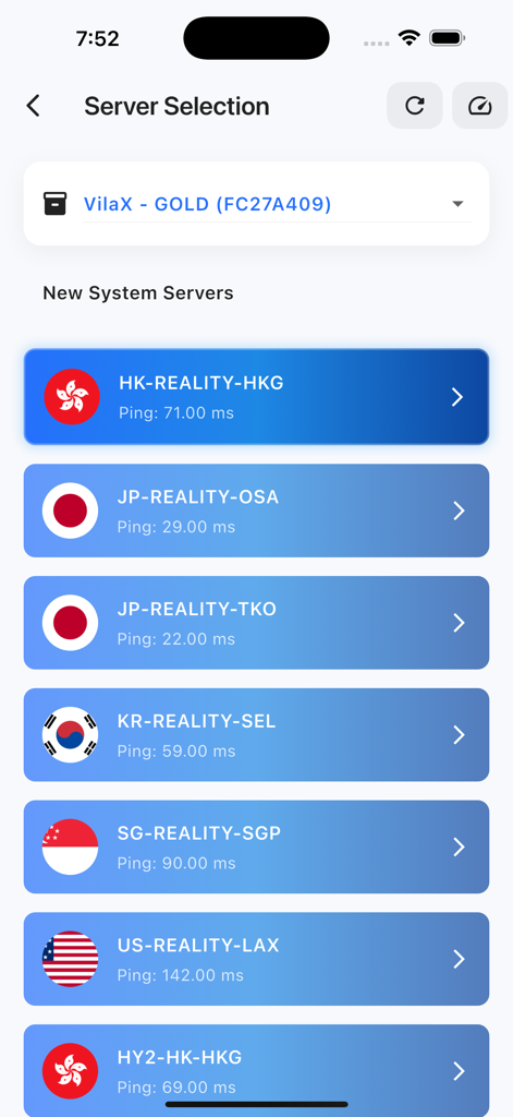 VilaNet - VilaNet app interface showing a list of global servers with their respective ping times and country flags.
