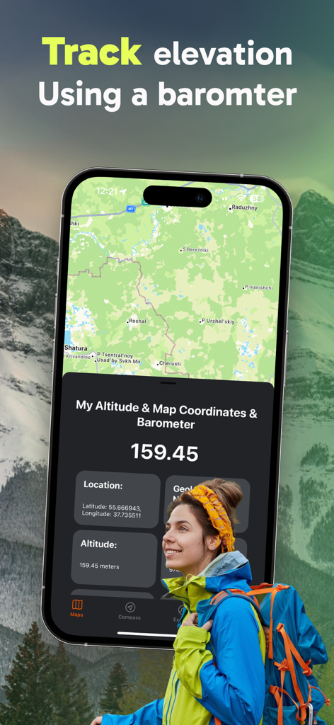 A hiker using the My Altimeter app to track elevation and GPS coordinates in the mountains