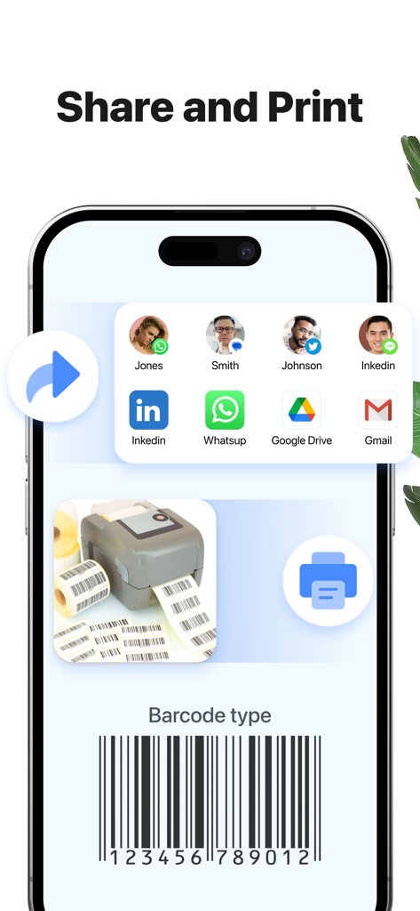 Mobile app interface showing options to share and print generated barcodes with icons for WhatsApp LinkedIn Google Drive and a label printer
