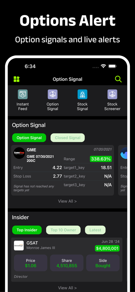 Option Signal Alert - Interface do aplicativo Option Signal mostrando alertas de negociação ao vivo e dados de ações internos