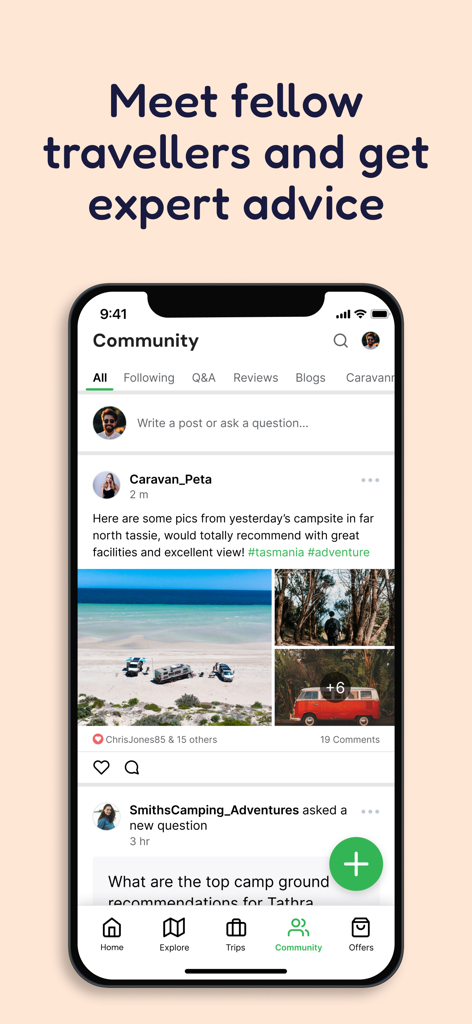 CAMPS: Camping Australia Wide - Feed de comunidad social en la aplicación CAMPS que muestra reseñas de viajeros y fotos de campings