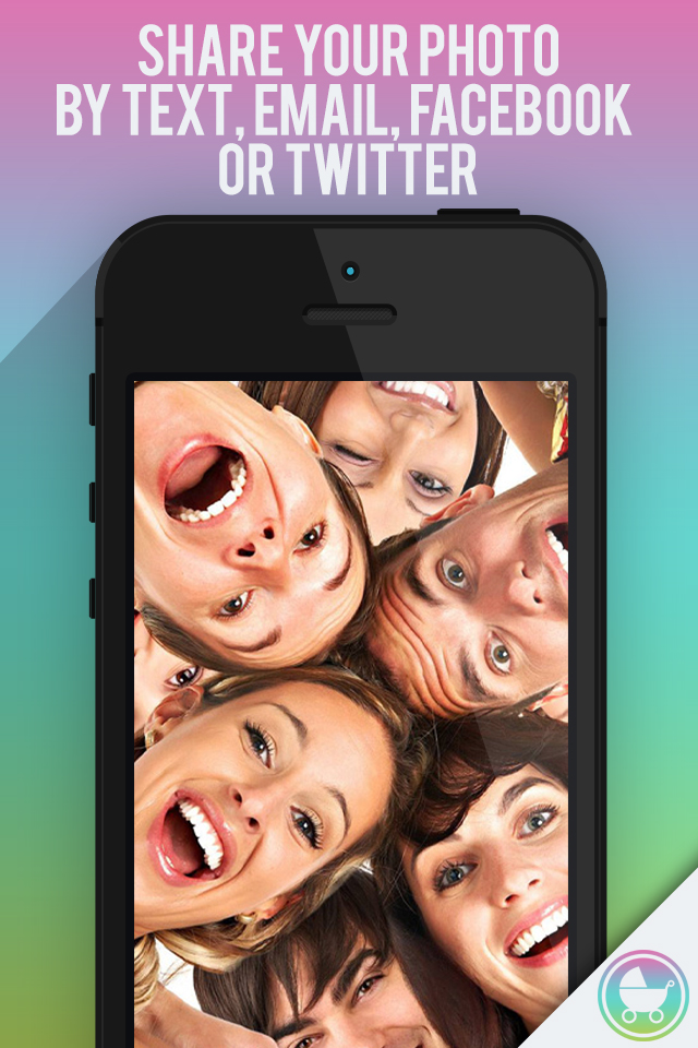 Baby Maker - See Your Future Child, Mix Mom & Dad Faces, and Make Beautiful Babies - iPhone screen showing a group of friends with text about sharing photos on social media