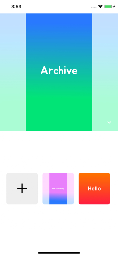 Text Only Made Simple - Interface minimalista do aplicativo mostrando um arquivo de posts baseados em texto com gradientes coloridos e um botão de mais para criar novo conteúdo