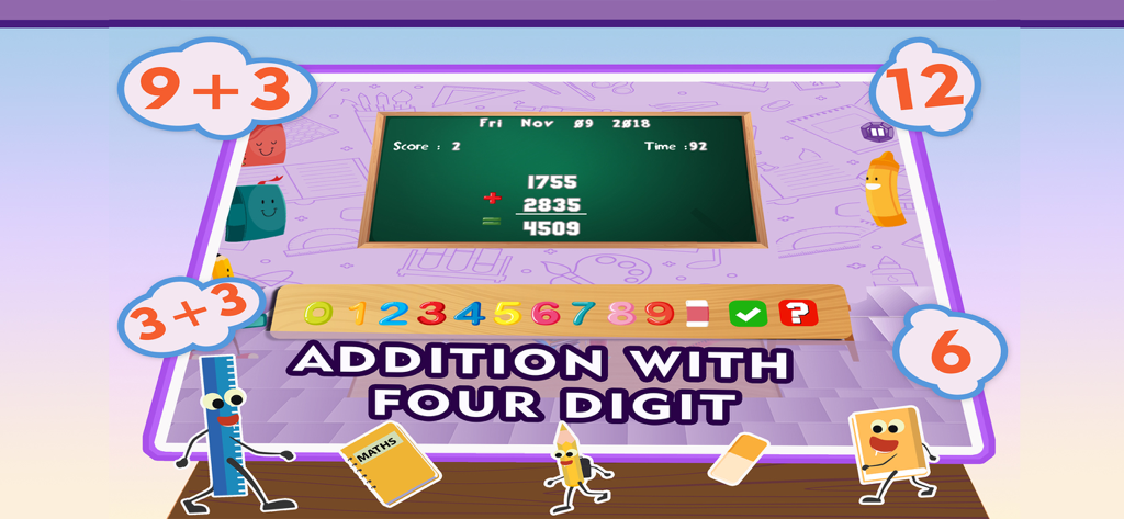 Math Addition Quiz Kids Games - Interactive math addition game for kids featuring four digit calculations and a chalkboard theme