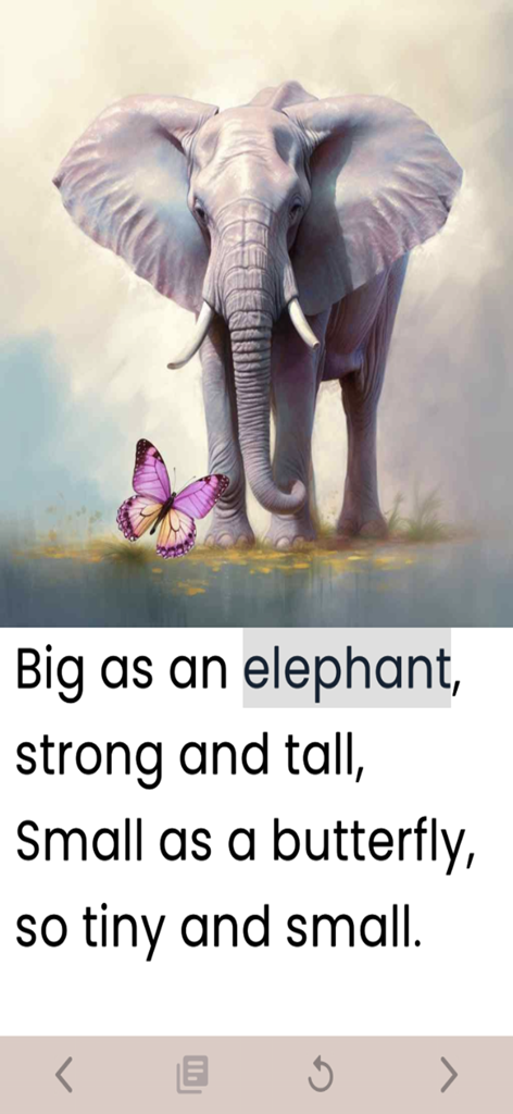 Children's Books Read Aloud - A page from a children's book app showing an elephant and butterfly with highlighted text for reading practice