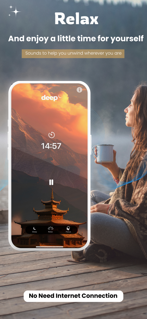 Deep - Sleep Sounds & Relax - Interfaz de la aplicación Deep mostrando sonidos de relajación y funcionalidad sin conexión.