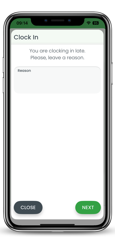 RosterElf mobile app screen requiring an employee to provide a reason for clocking in late