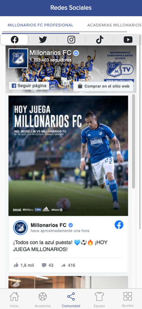 Millonarios - Community section of the Millonarios FC app showing the official social media feeds and match announcements