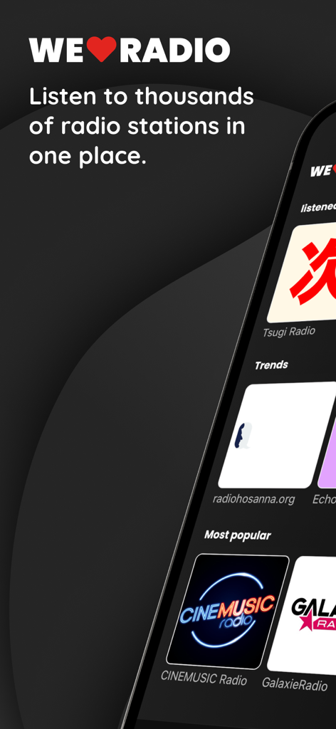 The Welove.radio app interface displaying curated radio stations in categories like Trends and Most Popular.