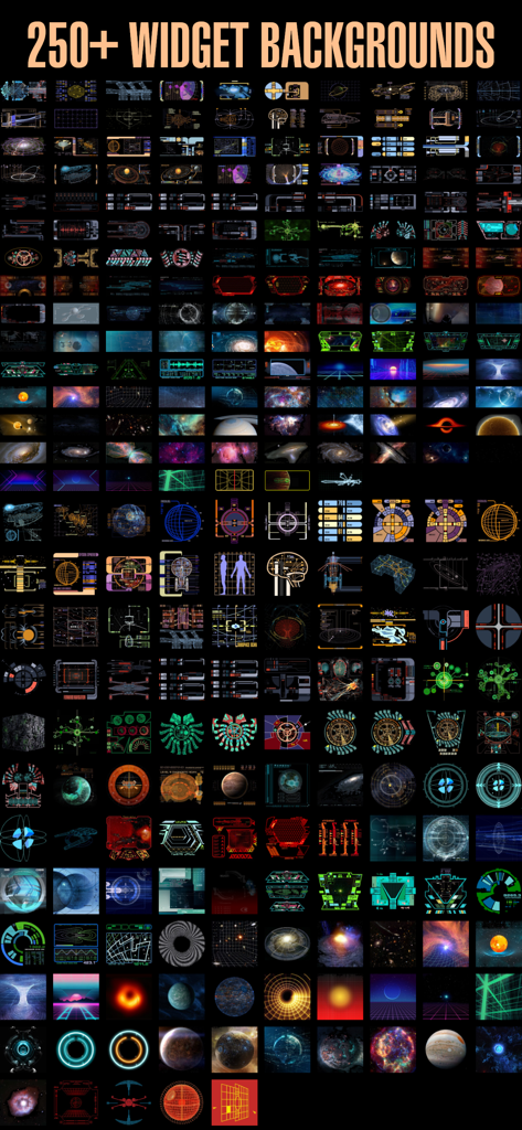Sci-Fi Themes - A grid display showing over 250 futuristic and space-themed widget backgrounds for mobile customization.
