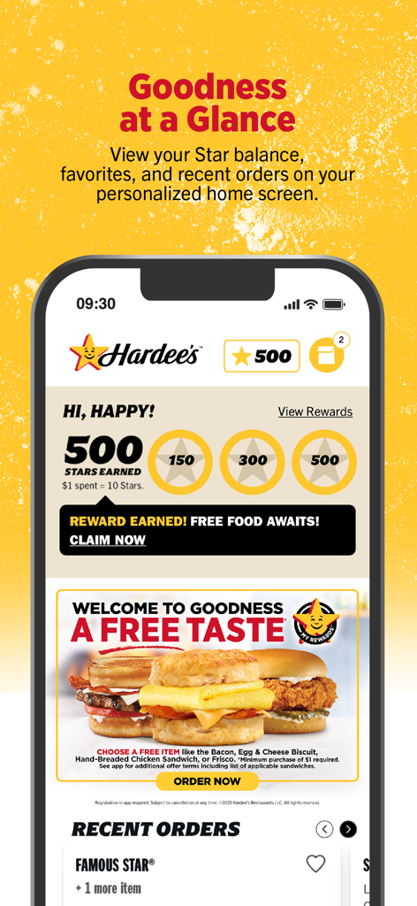 Hardee's Mobile Ordering - Hardee's mobile app home screen displaying rewards stars and recent orders