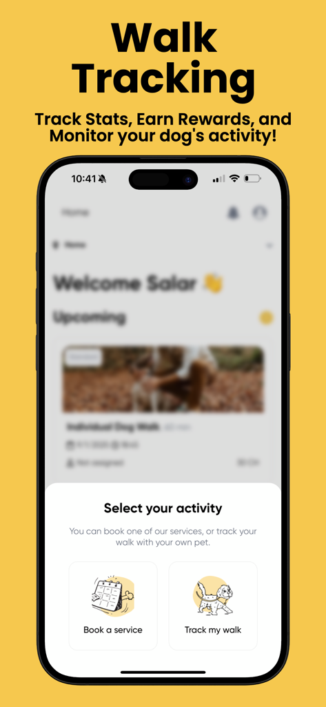 Liesl - A mobile interface for the Liesl app showing options to book a pet service or track a dog walk