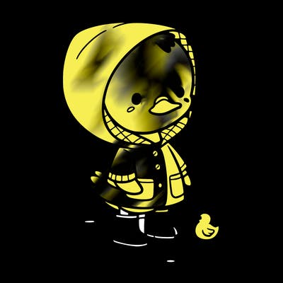 baby duck in a rain coat and boots, in a puddle while it’s raining