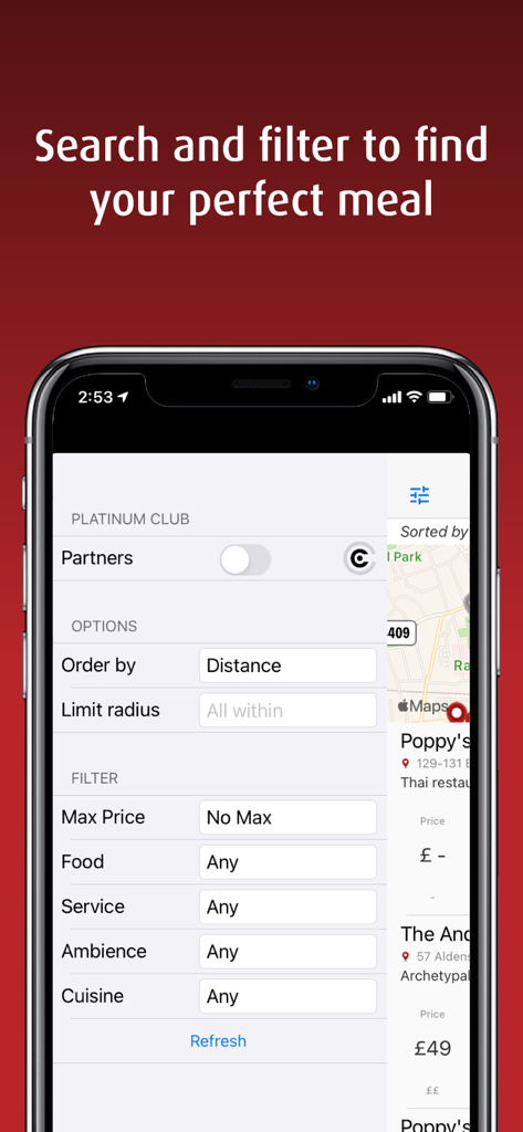 Hardens: Restaurant Guide - Interface of the Hardens app showing advanced search and filter options for finding restaurants.