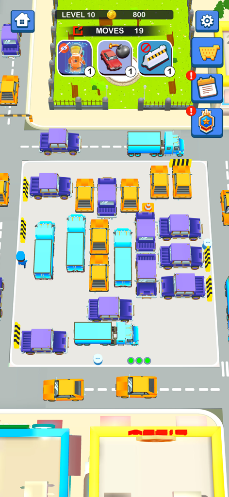 A 3D parking lot puzzle level with colorful cars and trucks waiting to be unblocked.