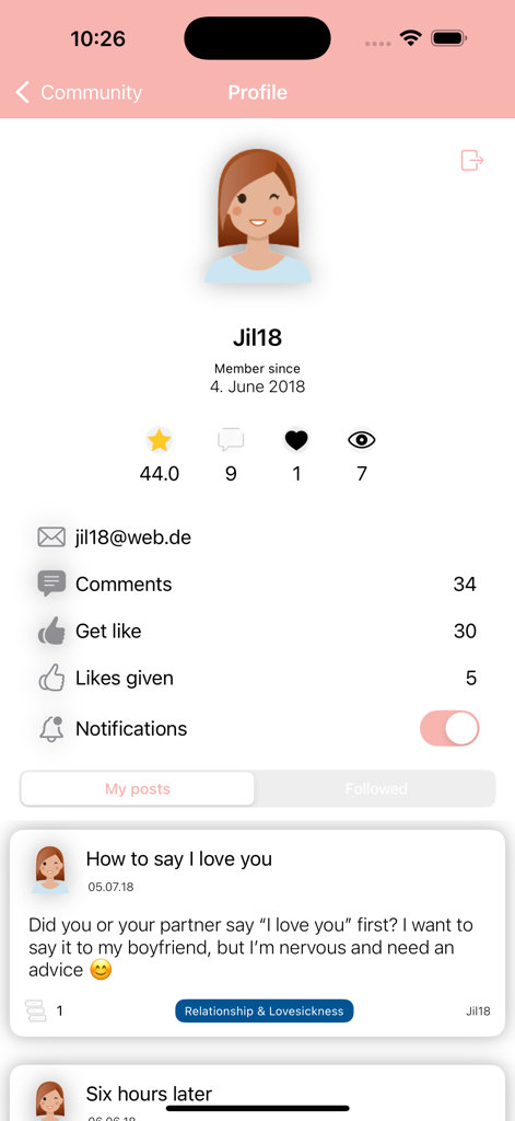 BC Pill Reminder - Community profile screen in the BC Pill Reminder app showing user stats and forum posts