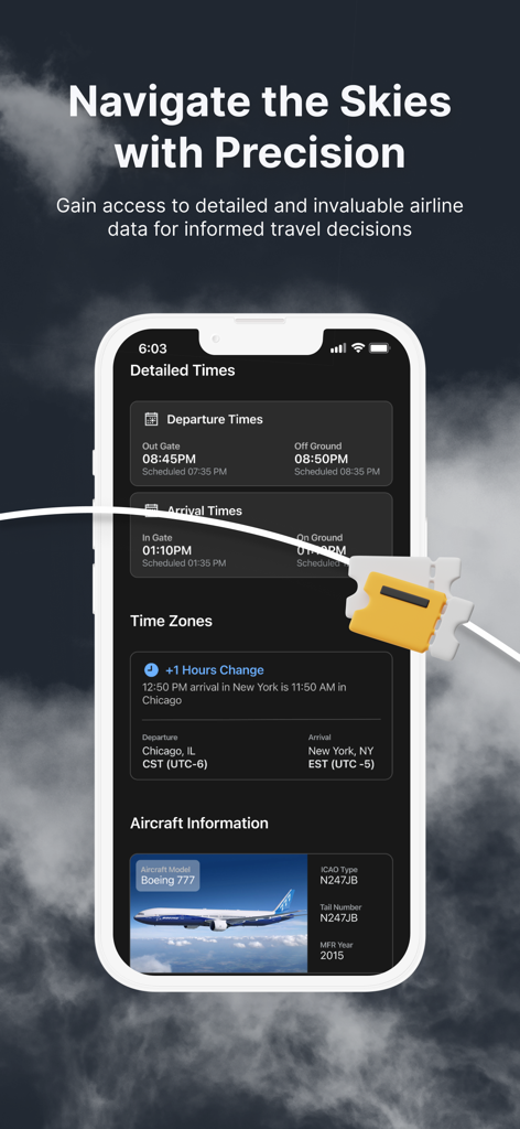 항공편 출발 및 도착 시간, 시간대 변경, 항공기 정보를 표시하는 모바일 앱 인터페이스