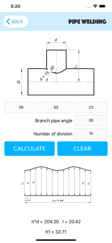 Pipe Welding Calculator - Interface of a pipe welding calculator showing a branch pipe angle diagram and layout template dimensions.