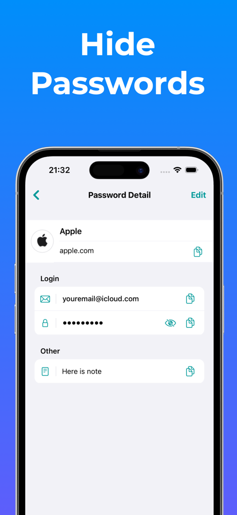 A mobile phone interface showing the password management feature in the Secure Folder app with hidden login details for an Apple account.