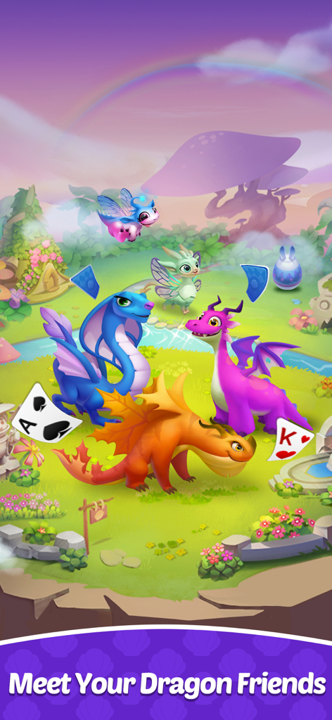 Solitaire Dragons - A group of colorful, cute dragons in a magical garden setting with floating solitaire cards