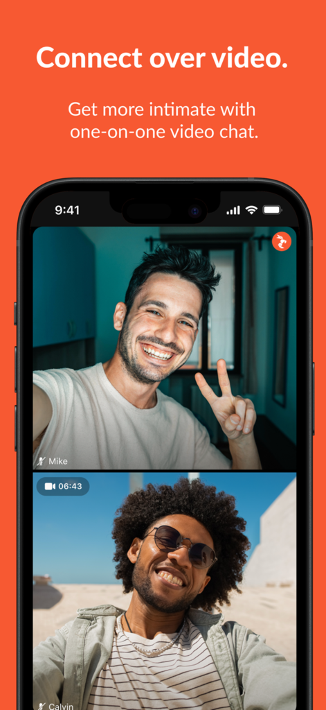 A screenshot of the Hornet app showing a one on one video chat between two men smiling.