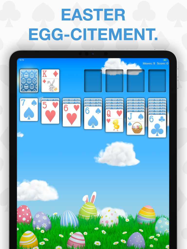 Real Solitaire for iPad - Jogabilidade do Solitaire Real para iPad apresentando um tema colorido de feriado de Páscoa com ovos e designs de cartas sazonais.