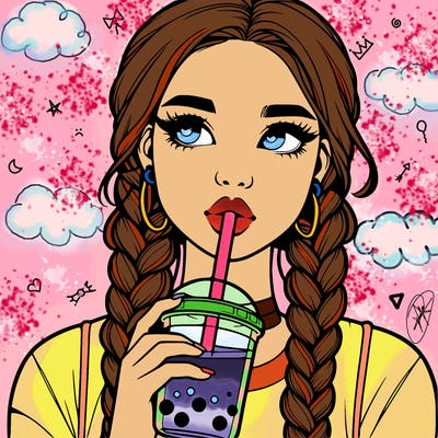 realistic girl with braided hair drinking boba