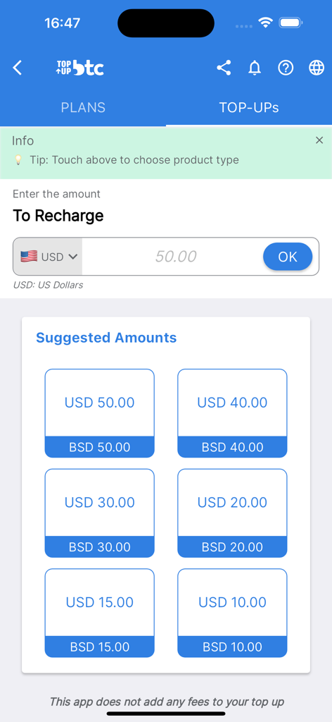Topup BTC - Topup BTC app screen displaying suggested mobile recharge amounts in USD and BSD.
