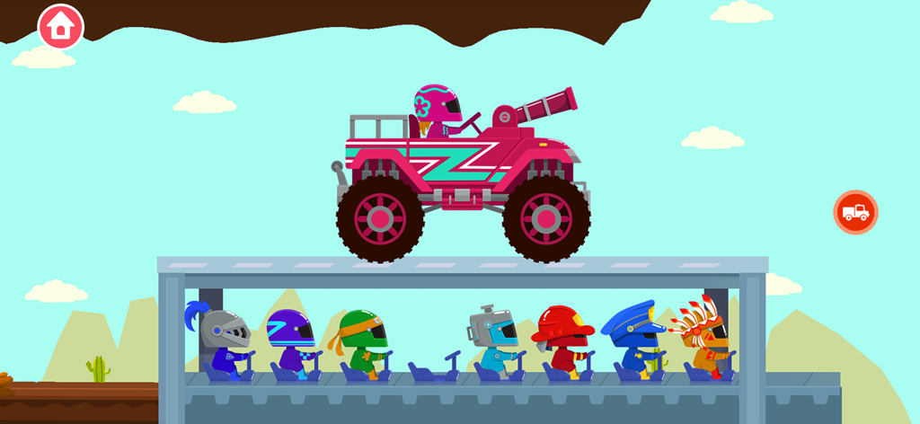 Truck Driver Games for kids - A pink monster truck and several cartoon character drivers in Truck Driver Games for kids