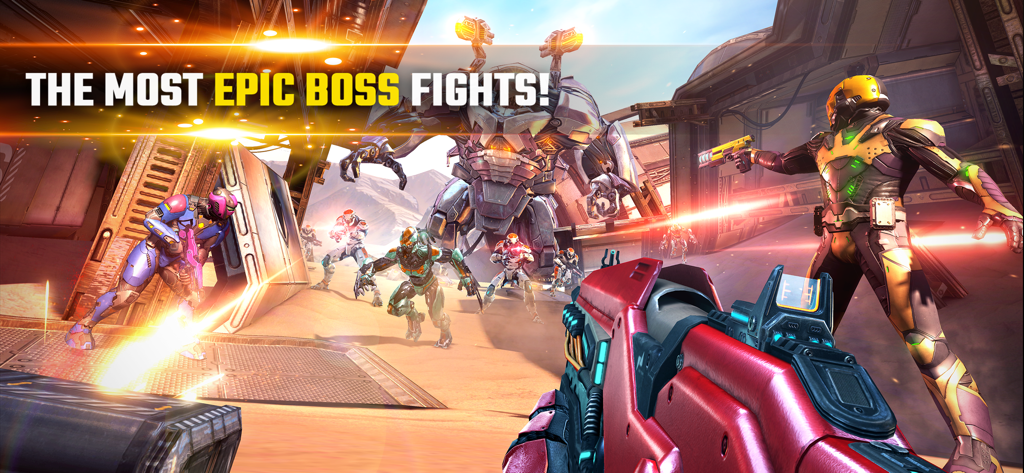 Armored soldiers in a co-op battle against a giant mechanical boss in Shadowgun Legends