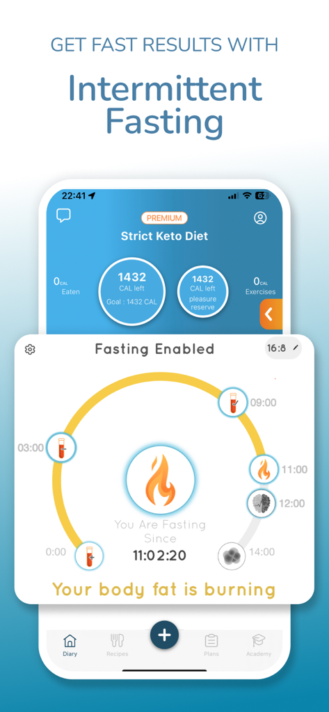 DietSensor Keto app interface showing intermittent fasting progress and fat burning status