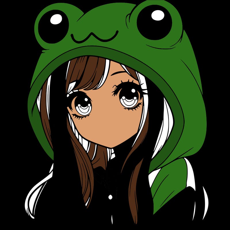 a pretty girl wearing a frog hoodie portrait with long hair