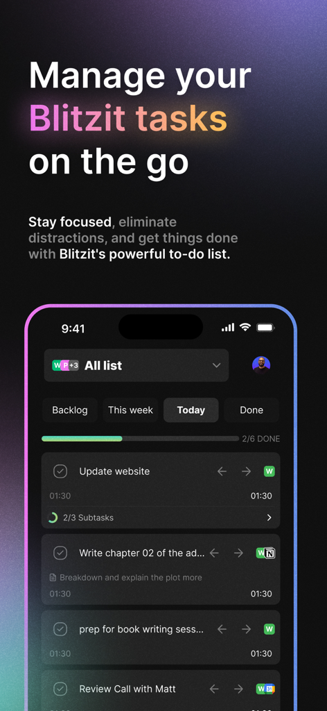 Blitzit App - Smartphone screen showing the Blitzit app daily to-do list with task progress and time estimates.